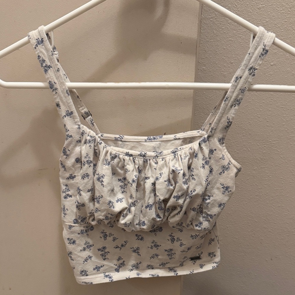 Hollister Cream and Blue Floral Tank Top